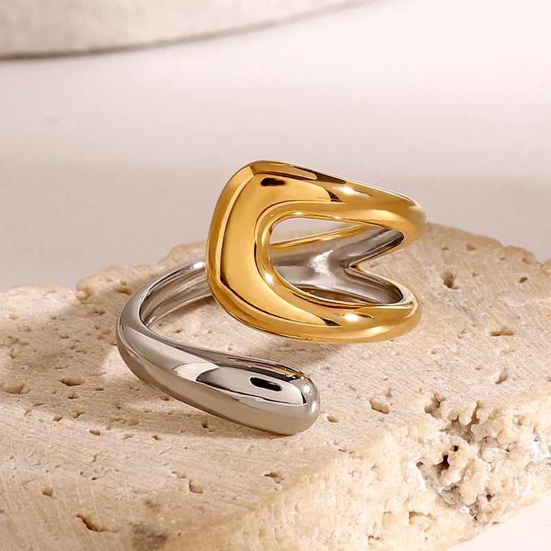 AiTURE Chunky Rings For Women, Gold Silver Thumb Ring Asymmetrical Wavy Curve Ring Adjustable Non Tarnish Dainty Stainless Steel New Year Anniversary Birthday Jewelry Gift - Image 2